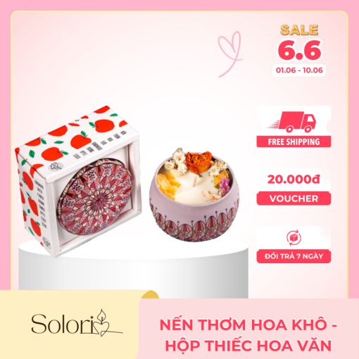 Nến Thơm Hoa Khô Thiên Nhiên - Hộp Thiếc Hoa Văn